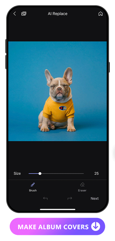 use AI Replacce feature to transform a dog in yellow jersey into an album cover photo